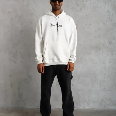 Férfi fehér 3 szálas pamut kapucnis nyomott kenguru zsebes sweatshirt 4