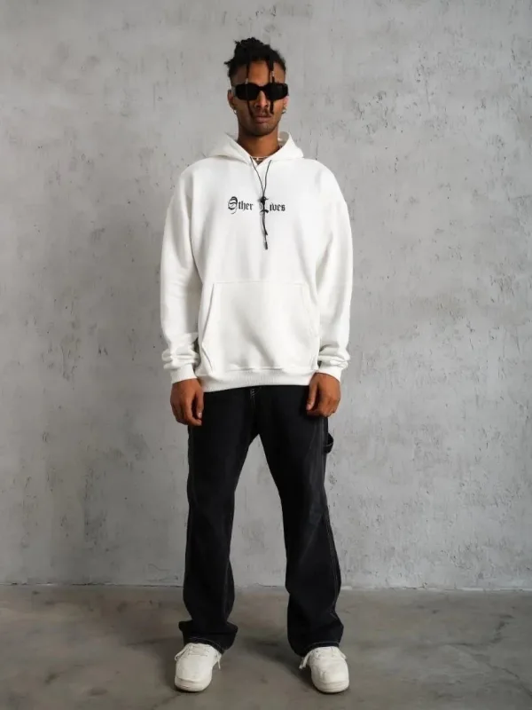 Férfi fehér 3 szálas pamut kapucnis nyomott kenguru zsebes sweatshirt 4