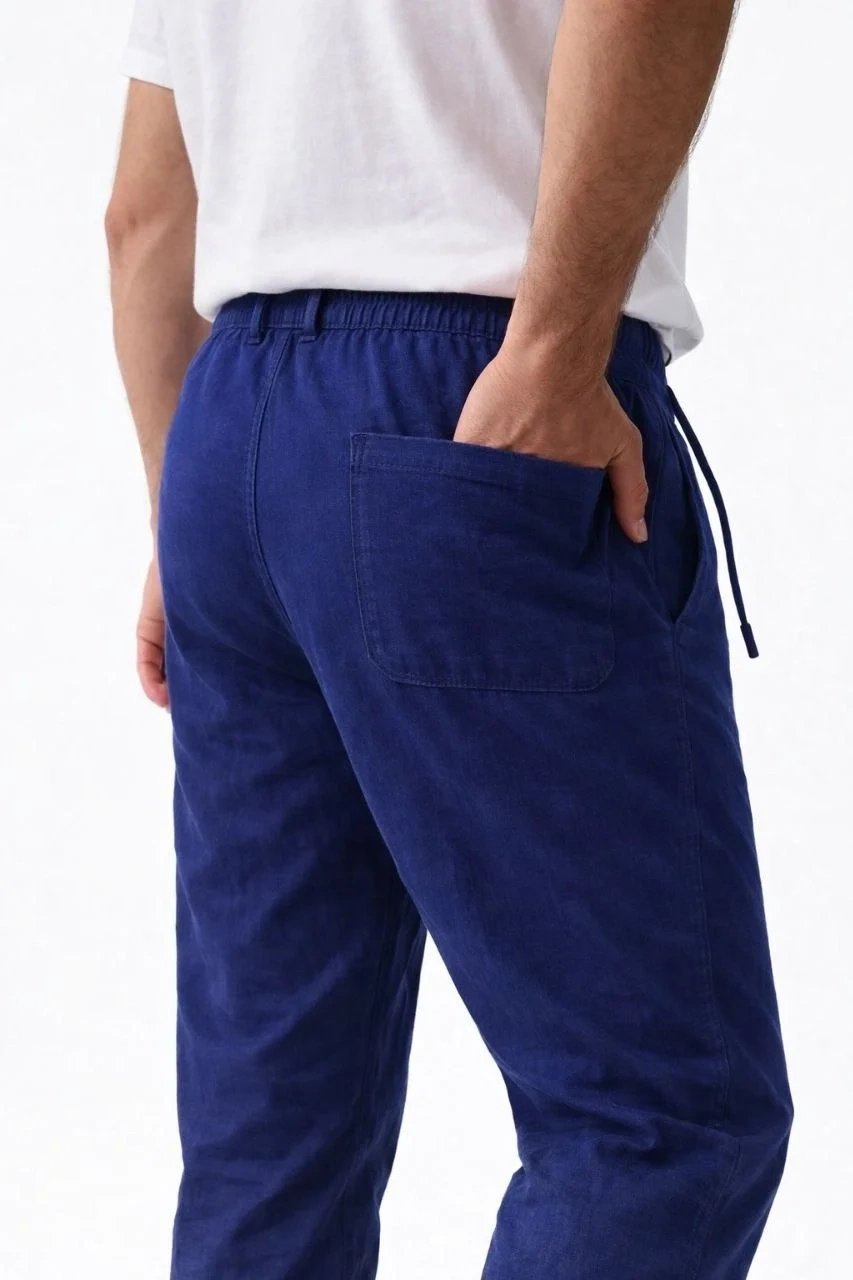 Mursho Indigo Keten Elastik Talia Džepura Fermuar Pantaloni 2
