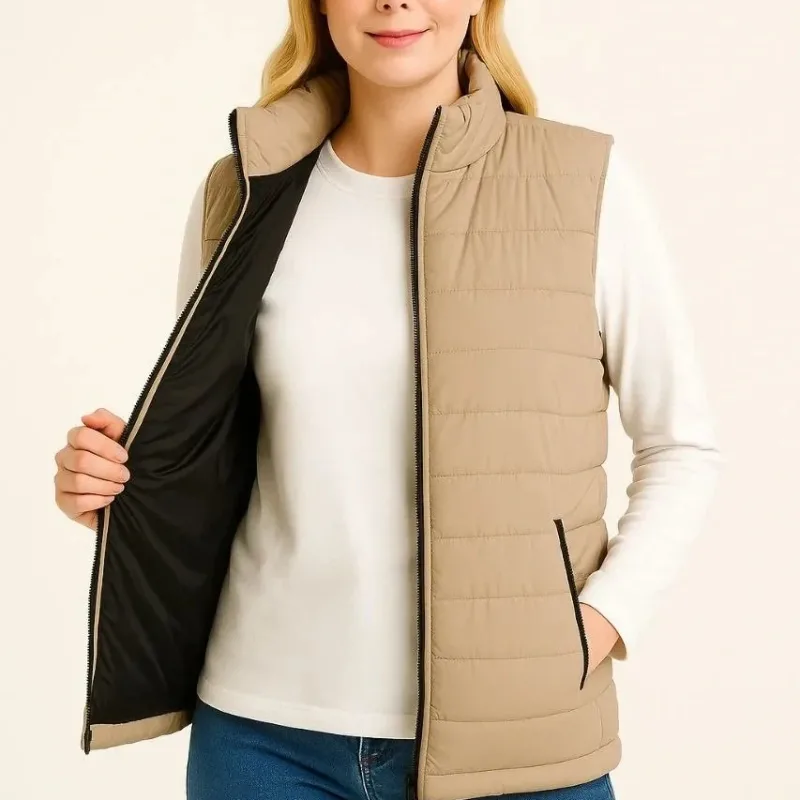 Női bézs vízlepergető steppelt zsebes télikabát mellény