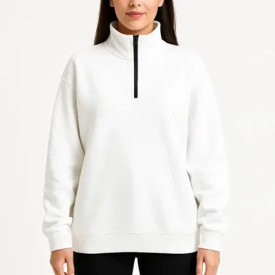 Női Fehér Félcipzáras Állógalléros 3 Szálas Pamut Sweatshirt 4