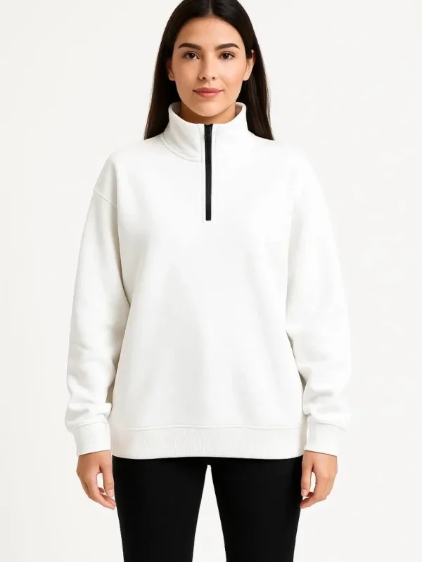 Női Fehér Félcipzáras Állógalléros 3 Szálas Pamut Sweatshirt 4