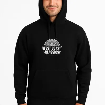 Férfi fekete 3 szálas pamut nyomott kenguru zsebes hoodie 5