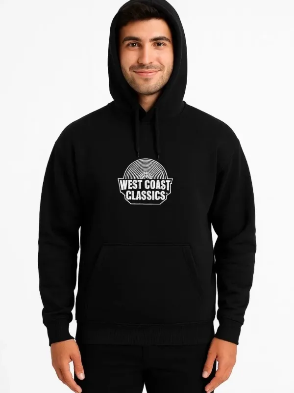 Férfi fekete 3 szálas pamut nyomott kenguru zsebes hoodie 5