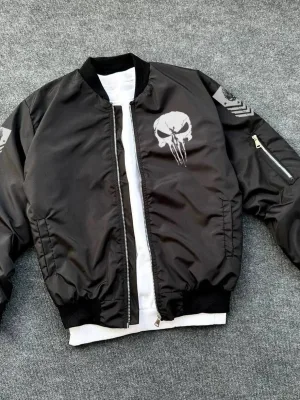 Muška crna vojni stil Punisher skull štampana bomber jakna