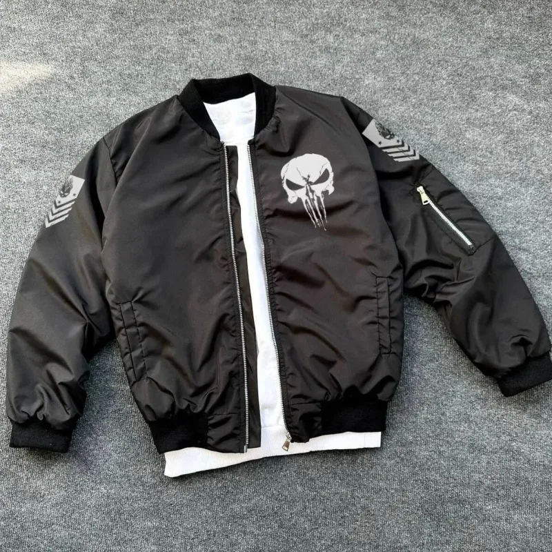 Férfi Fekete Katonai Stílusú Punisher Koponya Nyomott Bomber Kabát