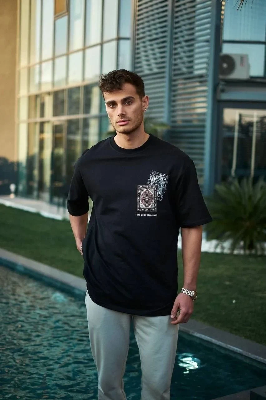 Ανδρικό Μαύρο Oversize Ποδήλατο Λαιμός Τυπωμένο Καλοκαιρινό Μπλουζάκι