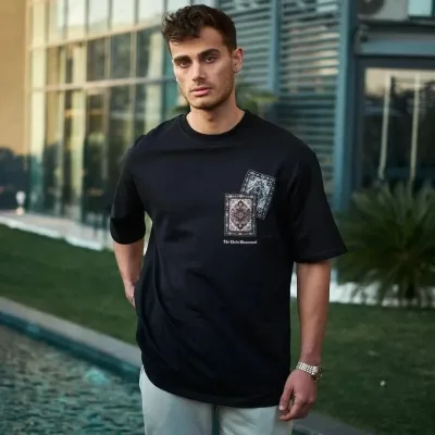 Ανδρικό Μαύρο Oversize Ποδήλατο Λαιμός Τυπωμένο Καλοκαιρινό Μπλουζάκι 1