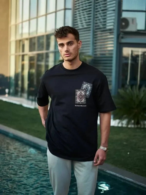 Ανδρικό Μαύρο Oversize Ποδήλατο Λαιμός Τυπωμένο Καλοκαιρινό Μπλουζάκι 1