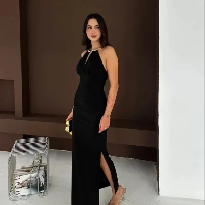 Ženska Crna Prorez Leđa Izrez Elegantna Duga Večernja Haljina 7
