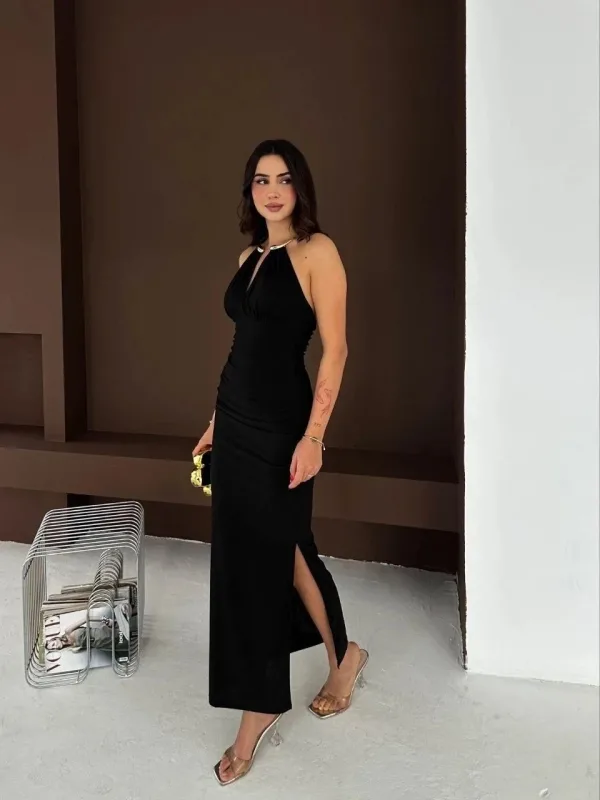 Ženska Crna Prorez Leđa Izrez Elegantna Duga Večernja Haljina 7