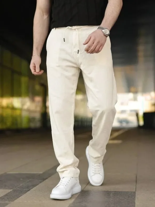 Pánské krémové lněné kalhoty s kapsami, gumou a tkaničkami v pase 2