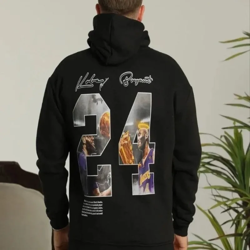 Men's Black Oversize 3-Thread Cotton Printed Hooded Sweatshirt with Pockets