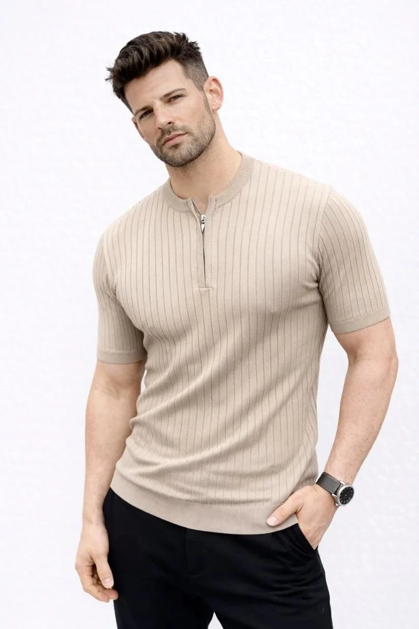 Men's Beige Hakim Collar Corduroy Short Sleeve Knit T-Shirt