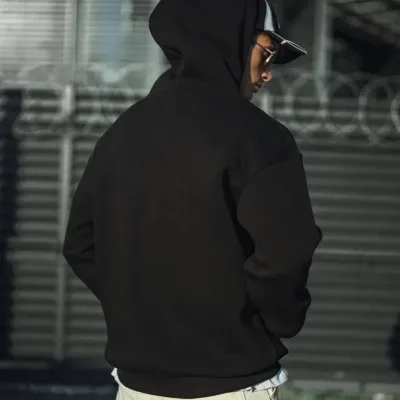 Men's Black 3-Thread Cotton Hooded Basic Sweatshirt 2