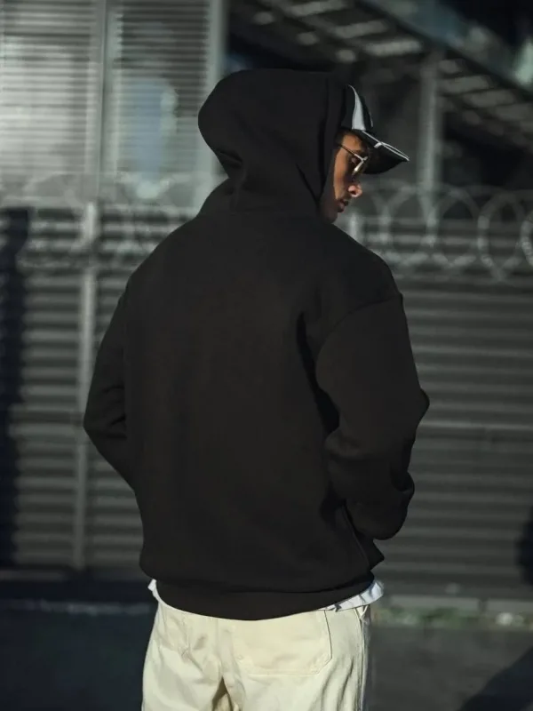 Men's Black 3-Thread Cotton Hooded Basic Sweatshirt 2