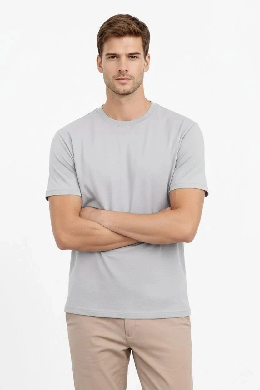 Men's Gray Regular Crew Neck Short Sleeve Solid T-Shirt