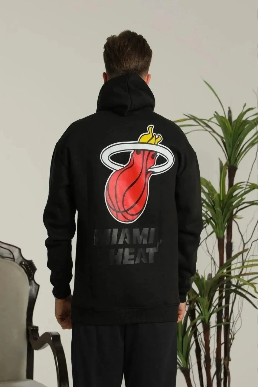Férfi Fekete Oversize 3 Szálas Pamut Nyomtatott Kapucnis Sweatshirt