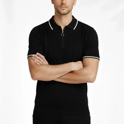 T-Shirtê Mêran ê Koma 3'yî Bi Zîp û Stûyê Polo Ji Trikoyê 7