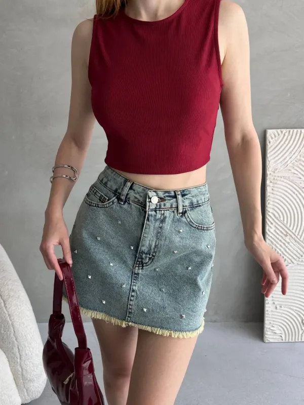 Bluzë Crop Corset me Detaje Rripi në Shpinë Burgundy 3
