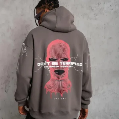 Men's Gray Oversize 3-Thread Cotton Hooded Printed Sweatshirt 1