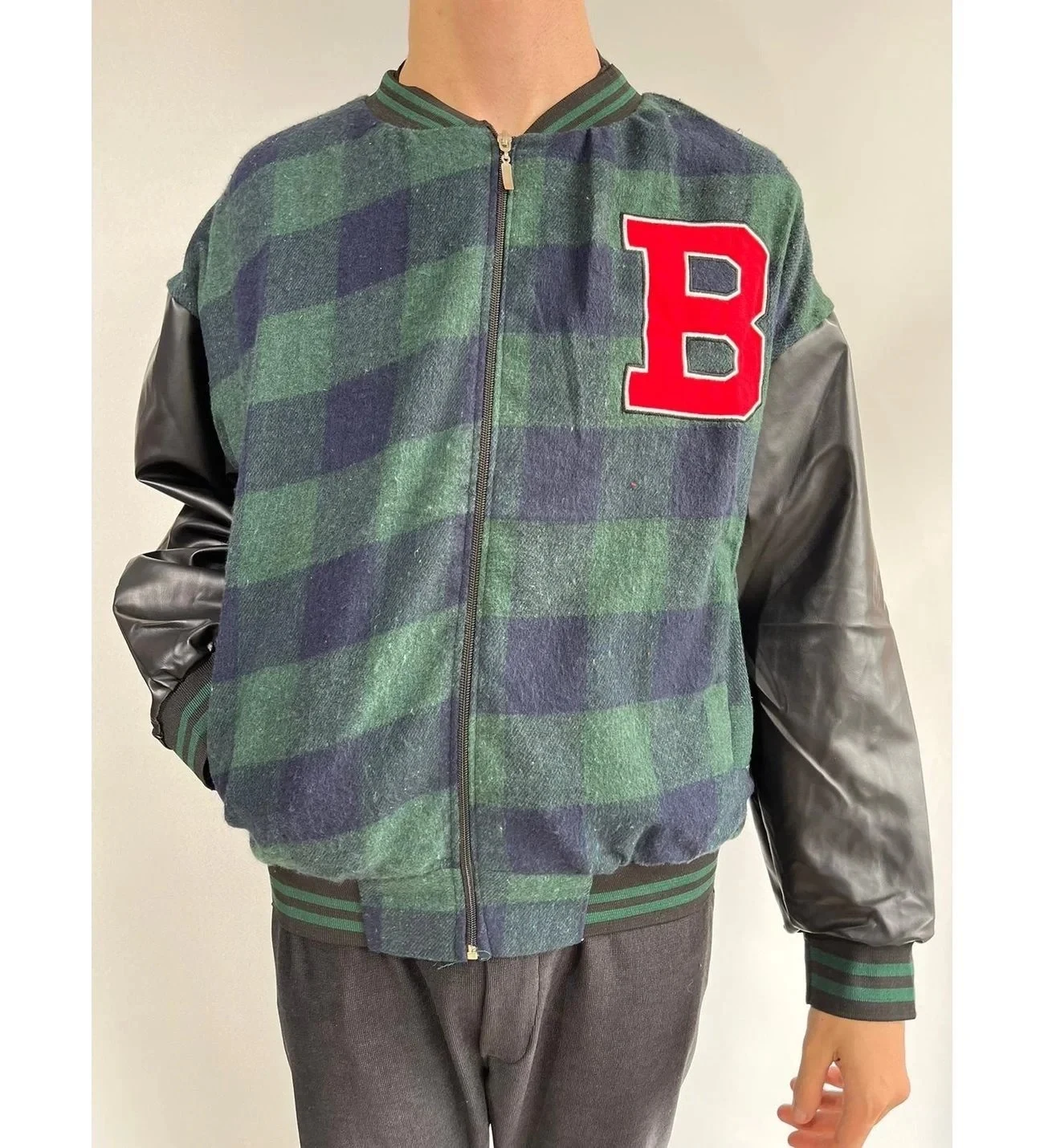 Men's Khaki Gingham Pattern Embroidered College Jacket
