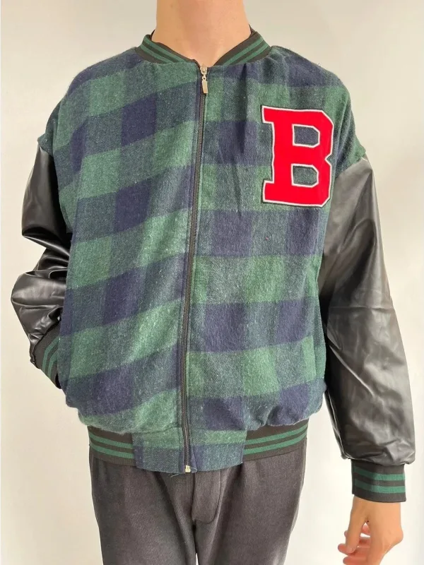 Men's Khaki Gingham Pattern Embroidered College Jacket 1