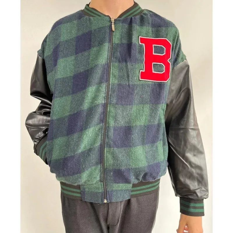 Men's Khaki Gingham Pattern Embroidered College Jacket