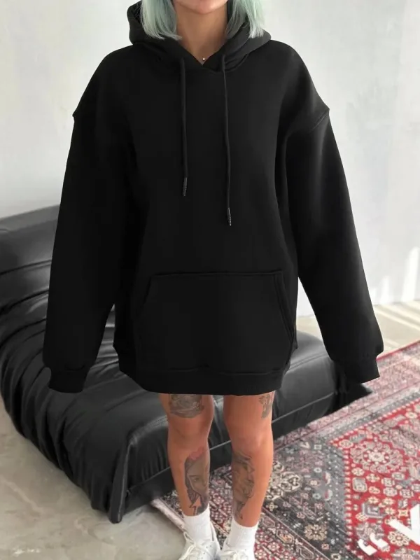 Jina Reş Oversize 3 Têl Pembû Kangurû Cêplî Kapşonlu Sweatshirt 1