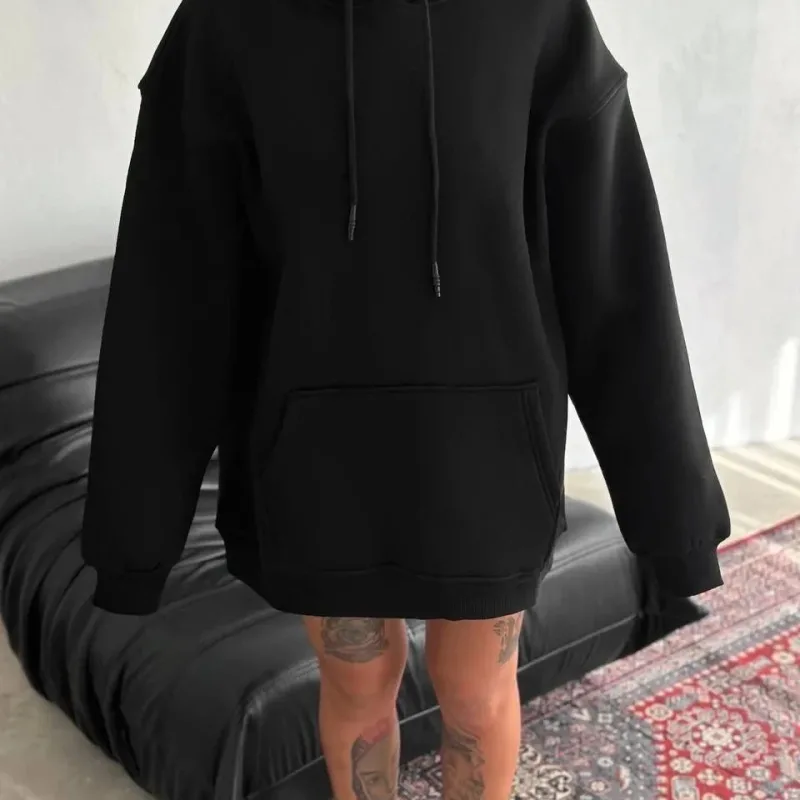 Jina Reş Oversize 3 Têl Pembû Kangurû Cêplî Kapşonlu Sweatshirt