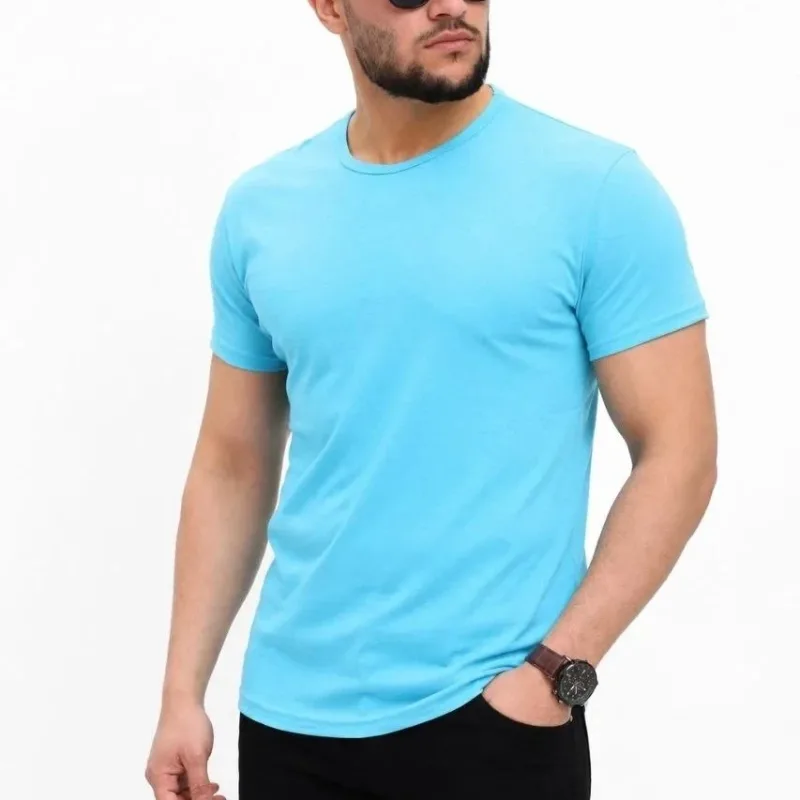 Мъжка светлосиня slim тениска с кръгла яка, basic, къс ръкав