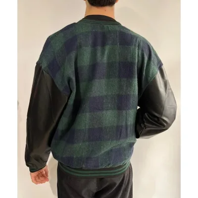Men's Khaki Gingham Pattern Embroidered College Jacket 2