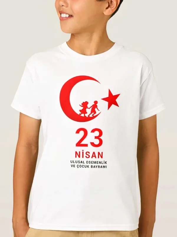 ბავშვის თეთრი 23 აპრილის პრინტიანი ველოსიპედის საყელოიანი მაისური 2
