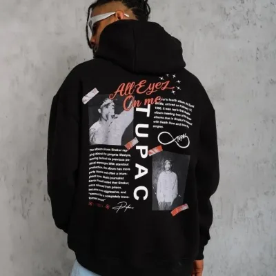 Ανδρικό Μαύρο Oversize 3-κλωνο Βαμβακερό Φούτερ με Κουκούλα και Στάμπα 5