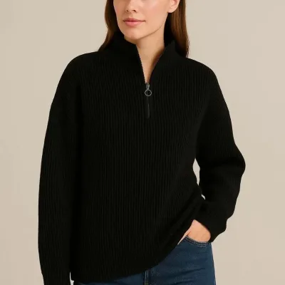 Women's Black Oversized Stand Collar Half Zip Knit Sweater 2