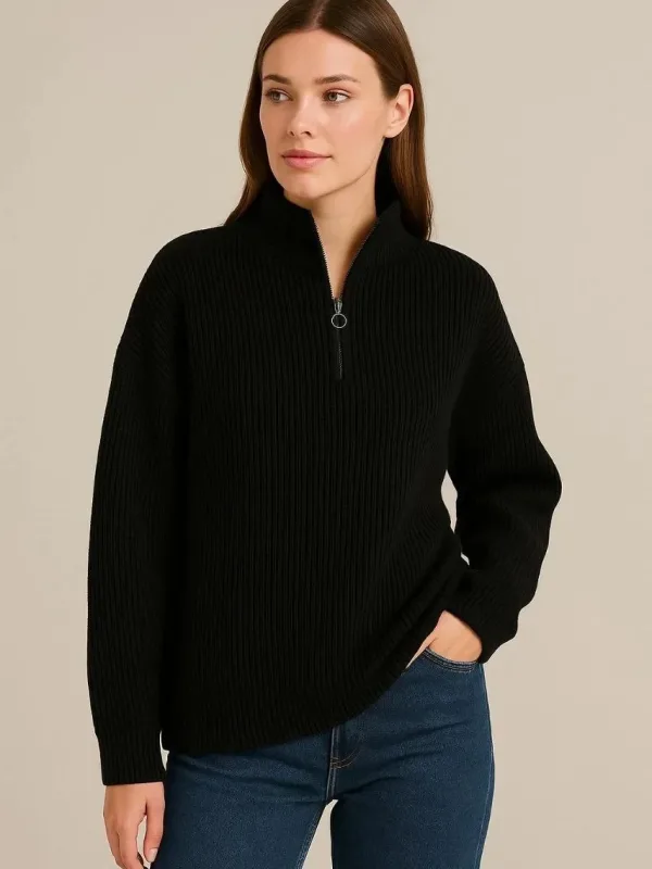 Women's Black Oversized Stand Collar Half Zip Knit Sweater 2