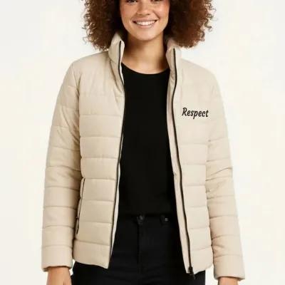 Women's Beige Micro Water Repellent Quilted Printed Zippered Bomber Jacket 4