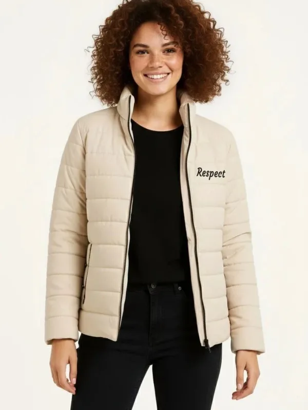 Women's Beige Micro Water Repellent Quilted Printed Zippered Bomber Jacket 4