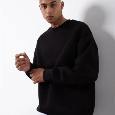 Férfi Fekete Kerékpárnyakú 3 Szálas Pamut Sweatshirt 3