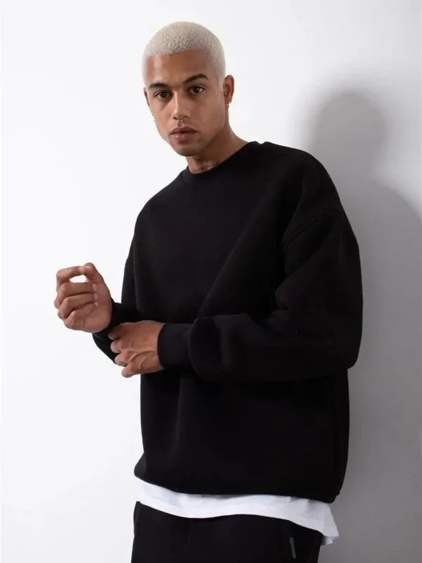 Férfi Fekete Kerékpárnyakú 3 Szálas Pamut Sweatshirt 3