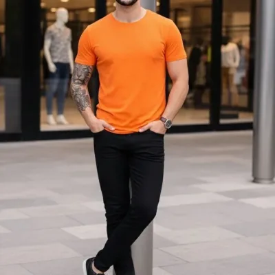 Pánsky oranžový slim fit bicyklový elastický body tričko 4