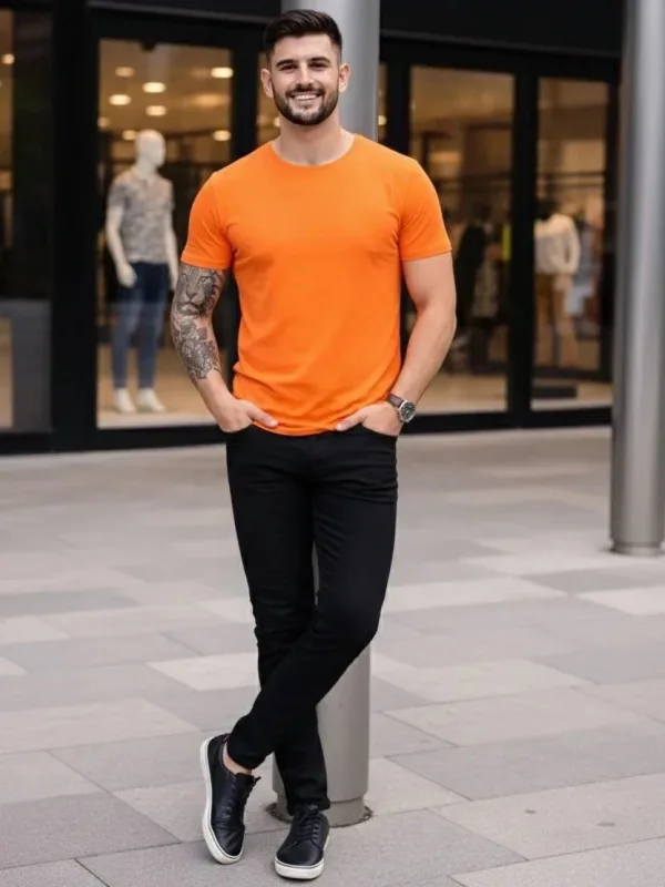 Pánsky oranžový slim fit bicyklový elastický body tričko 4