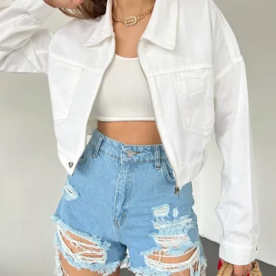 Fermuarlı Cibli Denim Ceket Ağ 3