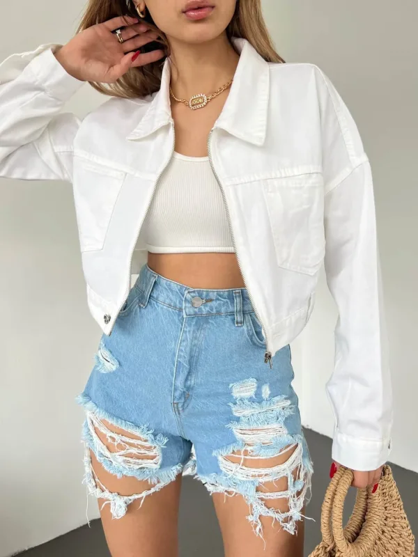 Fermuarlı Cibli Denim Ceket Ağ 3