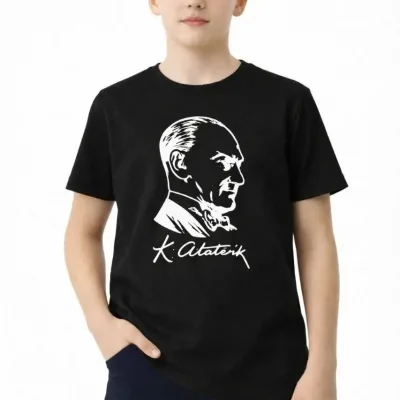 Dečija Crna Ataturk Print Okrugli Izrez Majica 3