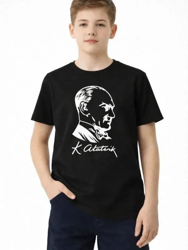 Dečija Crna Ataturk Print Okrugli Izrez Majica 3
