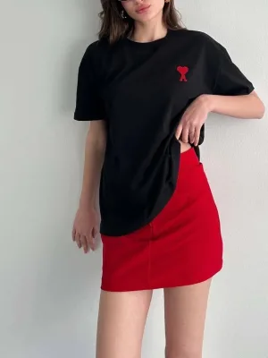 Γυναικείο Μαύρο Oversize Ποδηλατόλαιμο Τυπωμένο Κοντό Μανίκι Μπλουζάκι