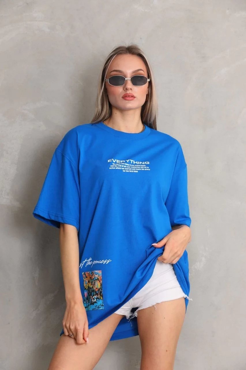 Γυναικείο Μπλε Oversize Στρογγυλό Λαιμό Τυπωμένο Μπλουζάκι