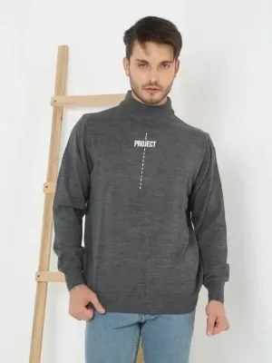 Men's Smoked Half Neck Printed Woven Knit Sweater