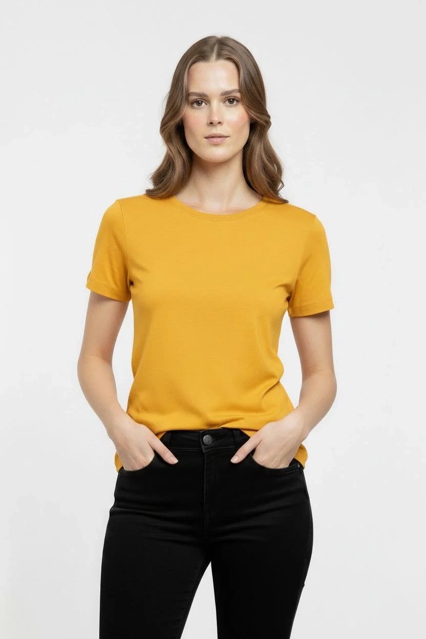 Γυναικείο Κίτρινο Με Λύκρα Slim Fit Στρογγυλή Λαιμόκοψη Βασικό T-Shirt